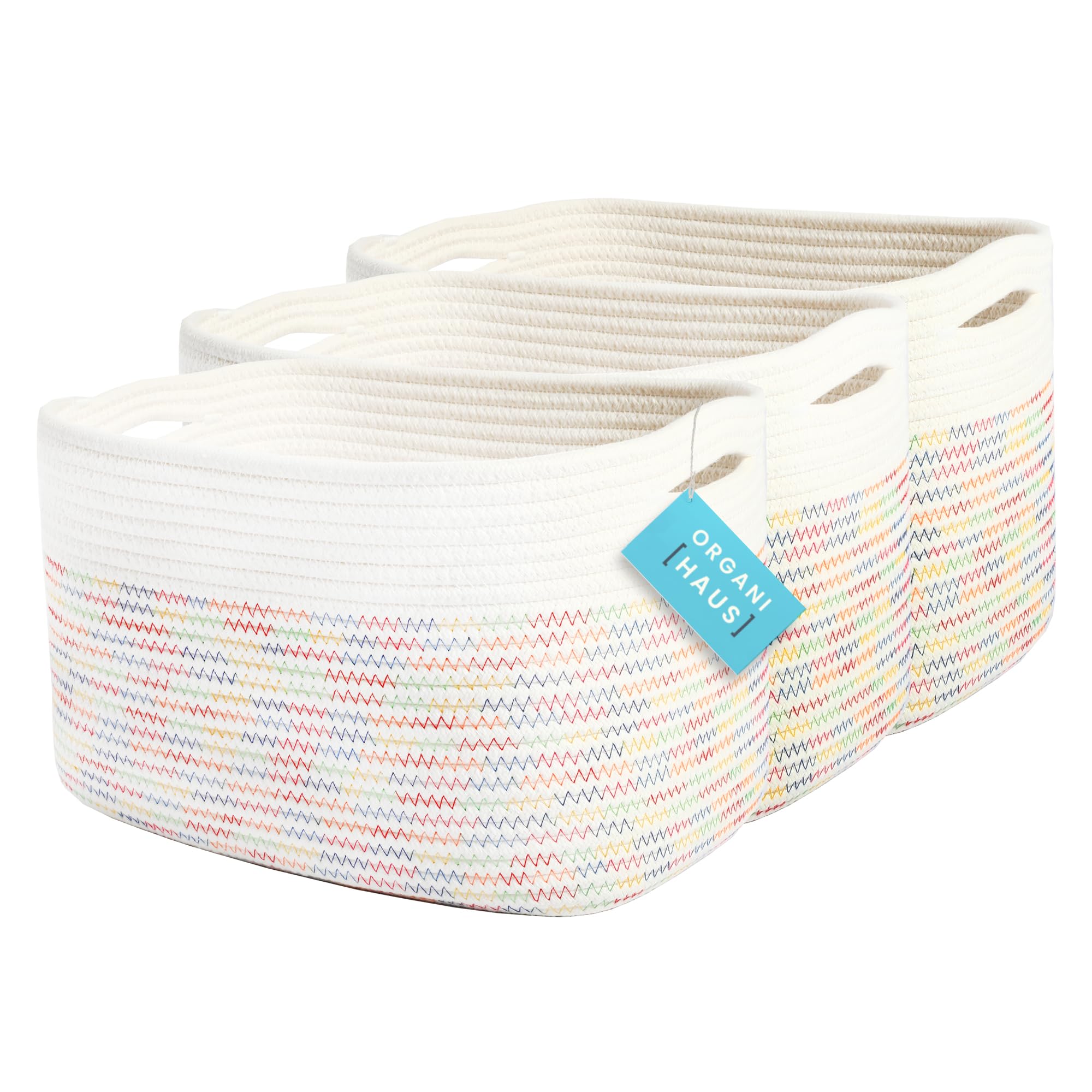Organihaus Toy Storage Bins 3-Pack | Nursery Storage Basket | Towel Baskets For Bathroom | Woven Baskets For Storage | Decorative Baskets For Storage | Cotton Rope Baskets For Storage - Rainbow Basket